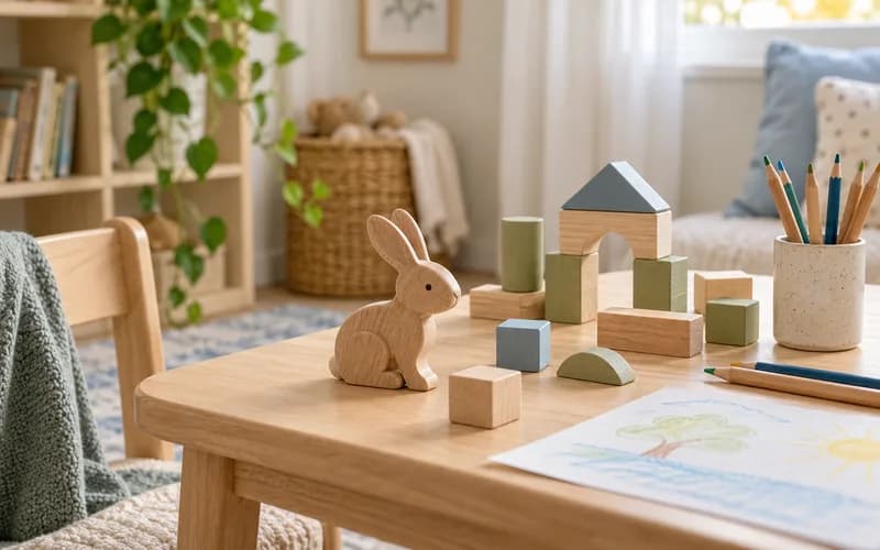 Деревянные игрушки и карандаши на домашнем столе
