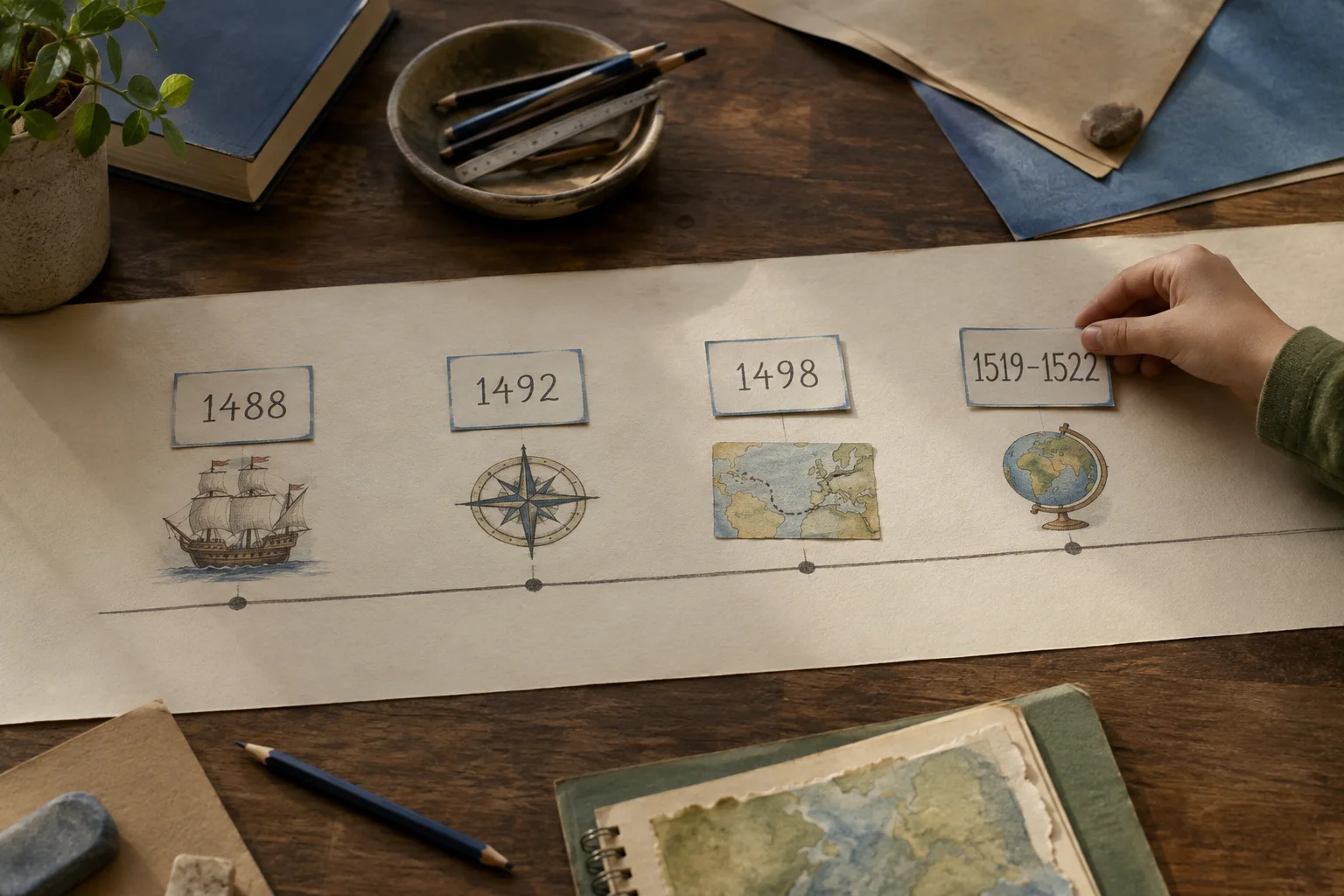 Самодельная историческая лента времени с датами и небольшими рисунками