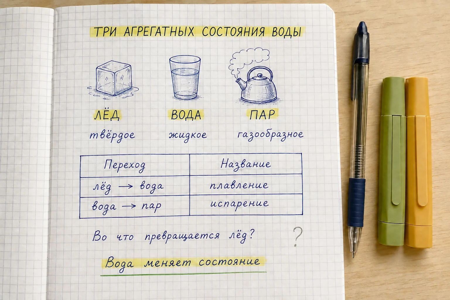 Пример конспекта: три агрегатных состояния воды, короткая таблица переходов, выделенные слова и вопрос для самопроверки